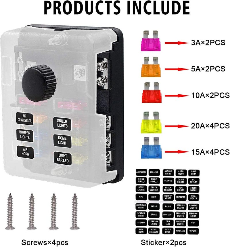 femedo 6 Way Fuse Block W/Negative Bus - ATC/ATO 6 Circuit Fuse Box with Ground, with Negative Bus & Protection Cover, Bolt Connect Terminals, 70 pcs Stick Label, for 12V/24V Vehicle Car Boat Marine Auto - Image 5